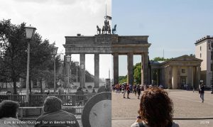 Fotografischer Vergleich des Brandenburger Tor Berlin 1989 und 2019