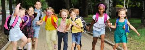 Das Bild zeigt Schulkinder die fröhlich gemeinsam lachen und auf dem Weg zur Schule sind, das Bild dient als Beitragsbild zum Blogbeitrag 'Grundrecht auf Bildung' von Dombert Rechtsanwälte Franziska Wilke